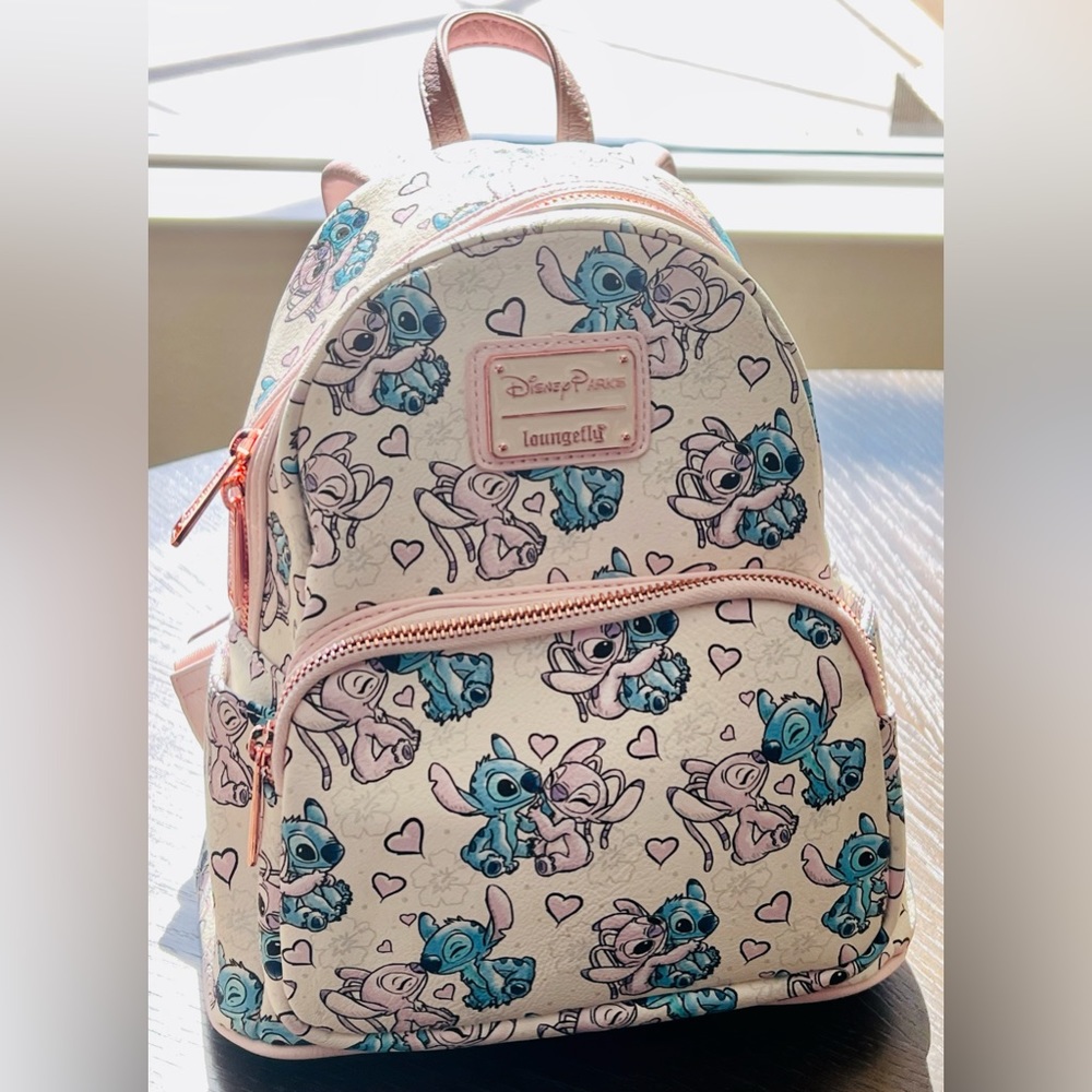 Loungefly x Disney Parks Stitch & Angel Rose Gold Mini Backpack